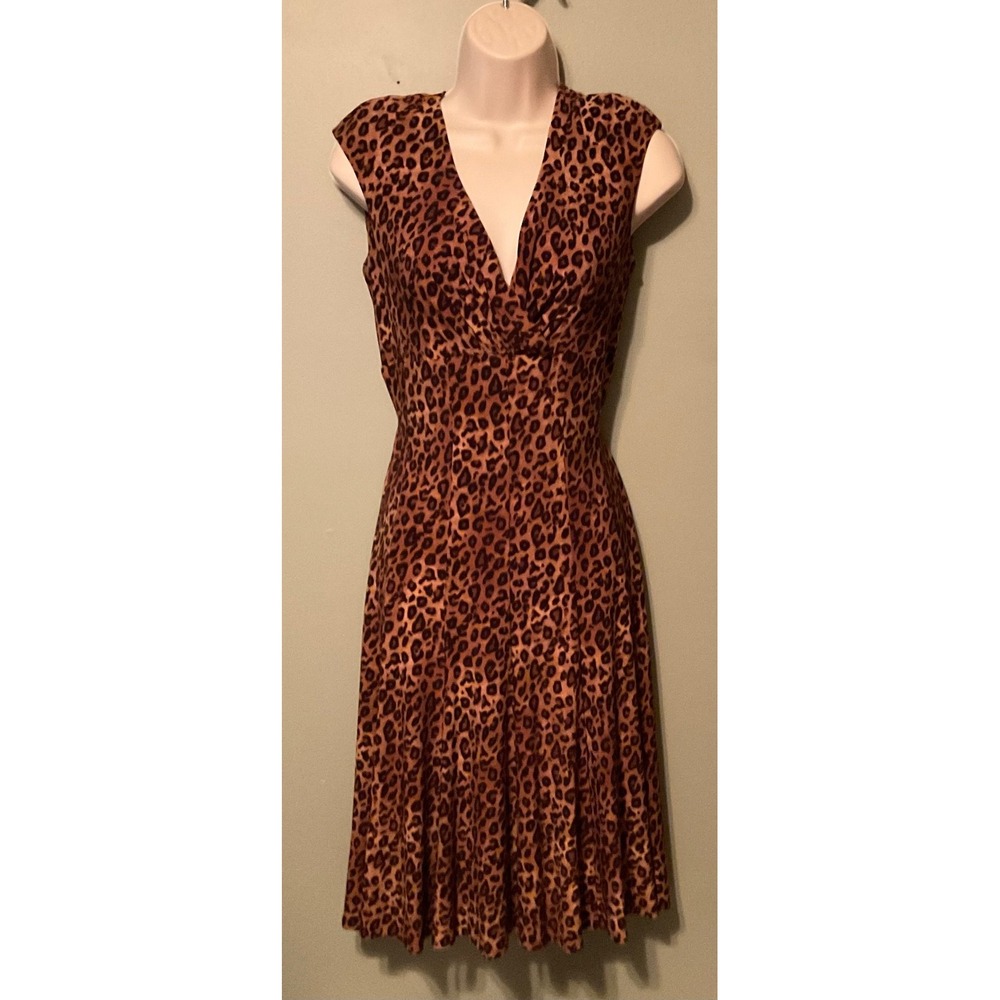 LAUREN RALPH LAUREN V- Neck $139 Slinky Stretch Shirred Leopard Dress Size 8
